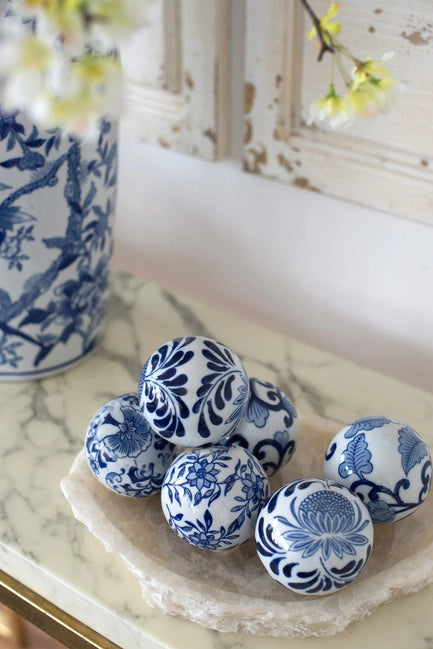 Set of 6 Blue & White 6 Decorative Floral Balls 8cms