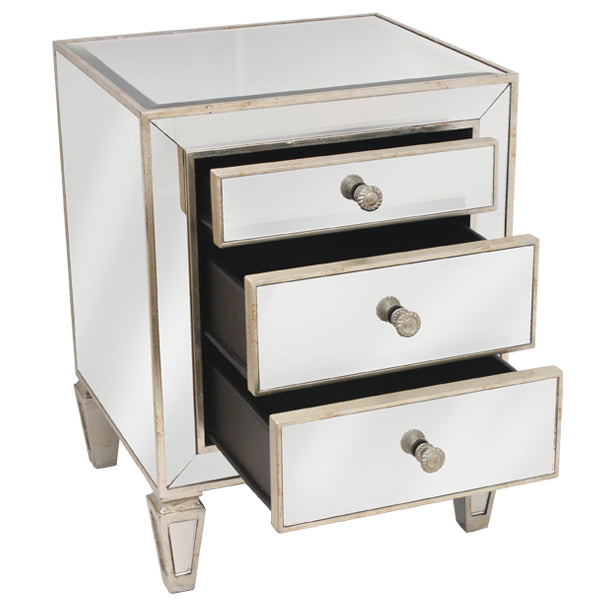 Antique Look 3 Drawer Mirrored Bedside Table