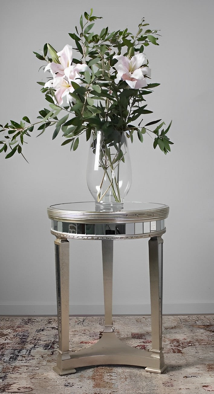Antique Look Mirrored Pedestal Round Ribbed Side Table