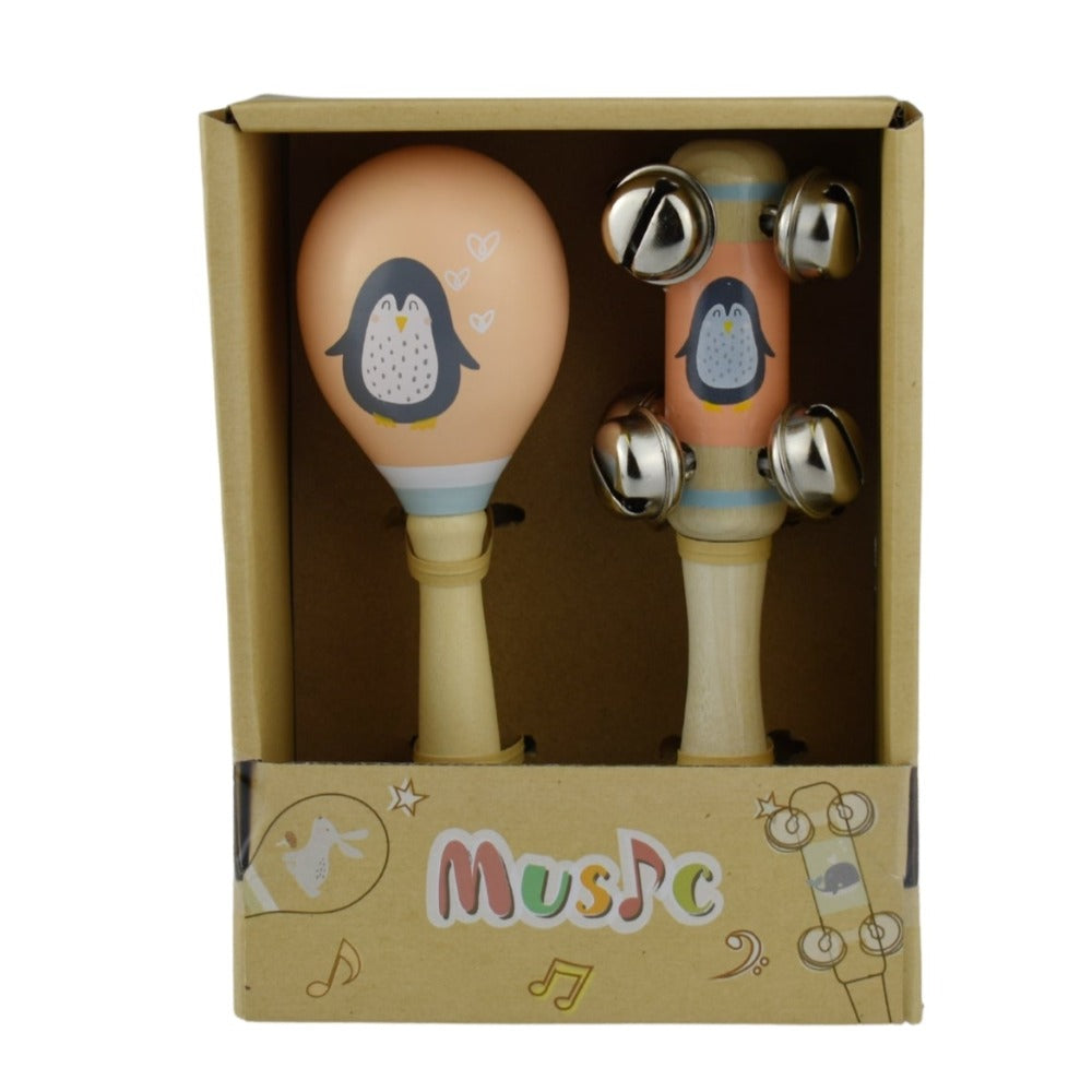 Penguin Wooden Maraca & Bell Stick 2Pc Music Set