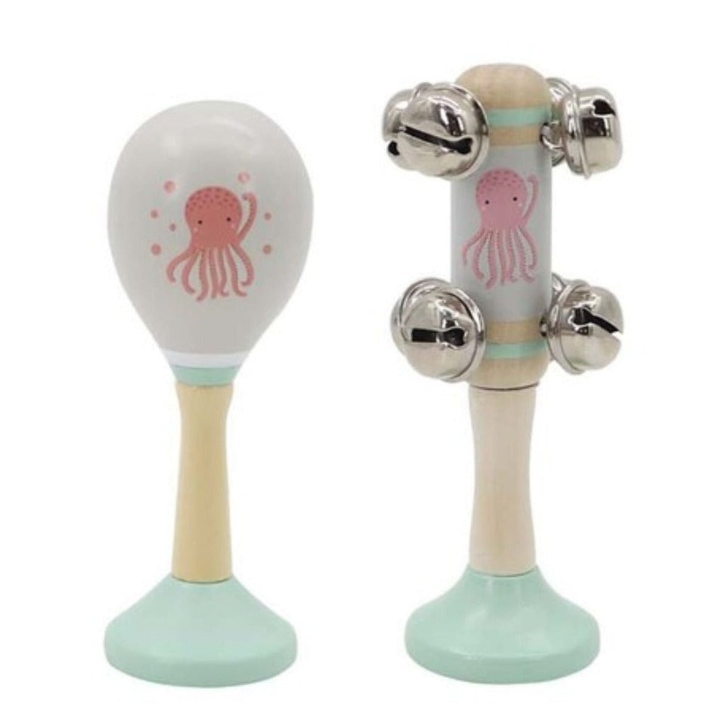 Octopus Wooden Maraca & Bell Stick 2Pc Music Set