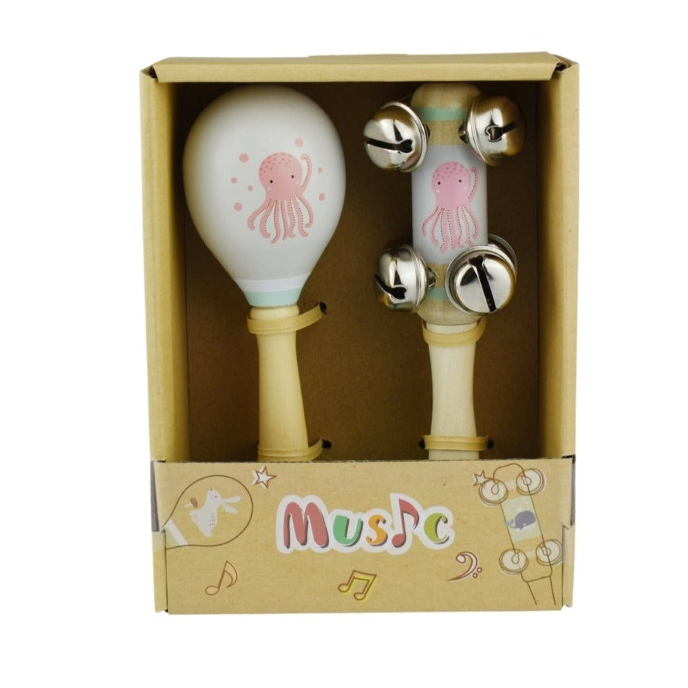 Octopus Wooden Maraca & Bell Stick 2Pc Music Set
