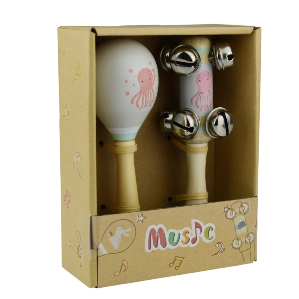 Octopus Wooden Maraca & Bell Stick 2Pc Music Set
