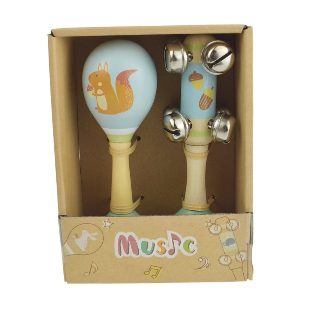 Squirrel Wooden Maraca & Bell Stick Kids Musical Set