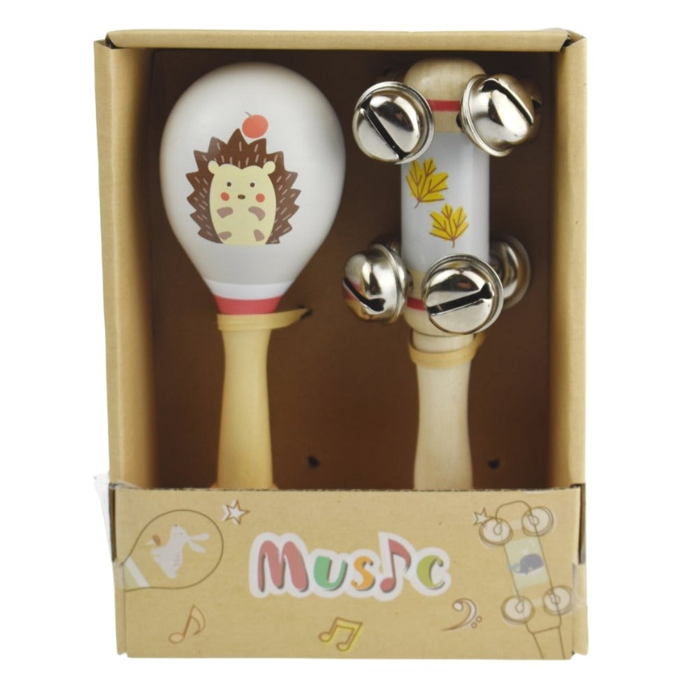 Hedgehog Wooden Maraca & Bell Stick Kids Musical Set