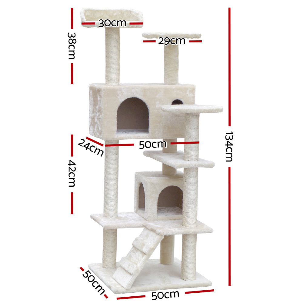 Cat Tree Scratching Post Tower Wood Beige 134cm