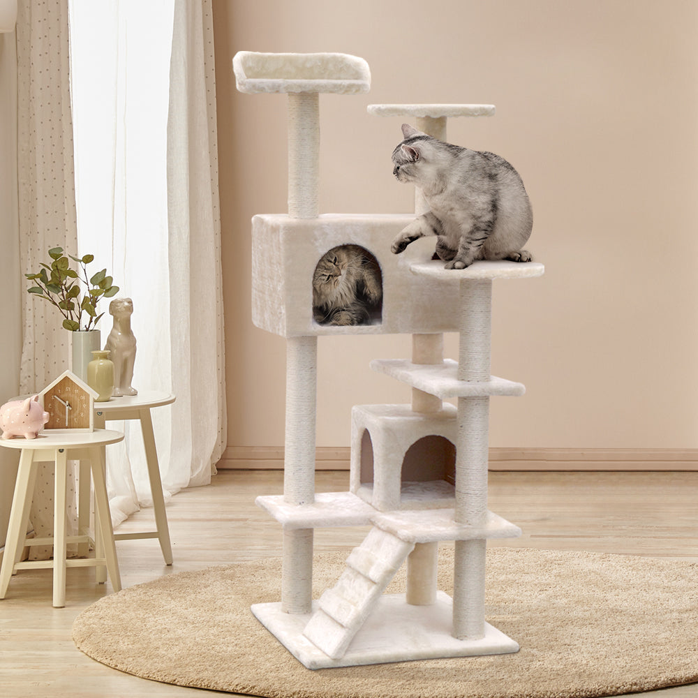 Cat Tree Scratching Post Tower Wood Beige 134cm