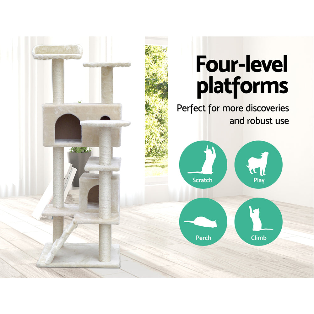 Cat Tree Scratching Post Tower Wood Beige 134cm