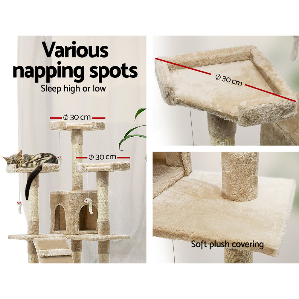 Cat Tree Scratching Post Scratcher Tower Wood Beige 180cms