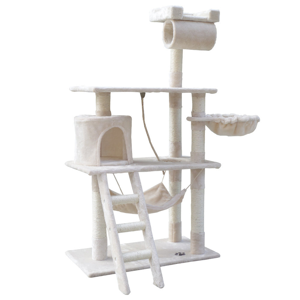 Cat Tree Scratching Post Scratcher Tower Wood Beige 141cms