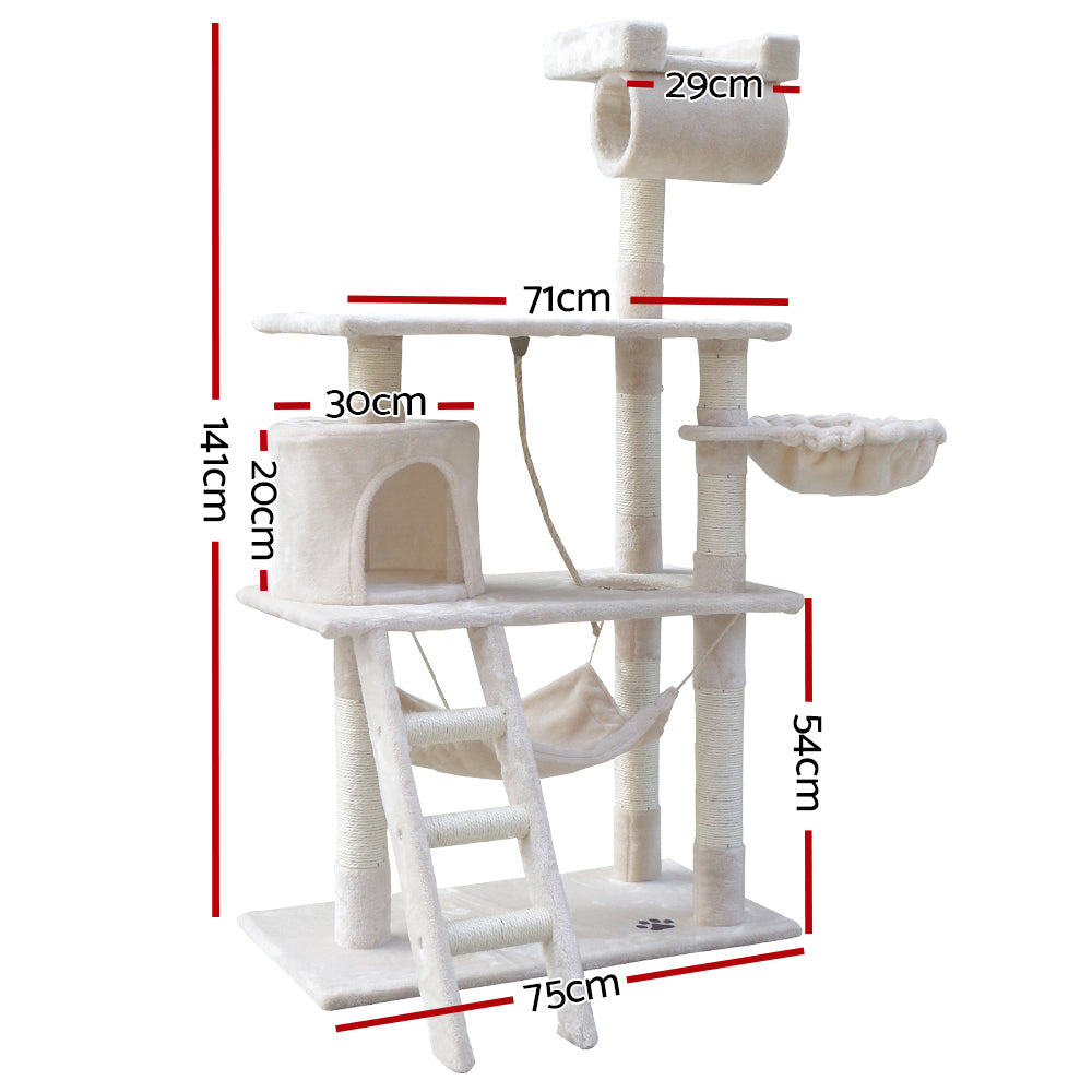 Cat Tree Scratching Post Scratcher Tower Wood Beige 141cms