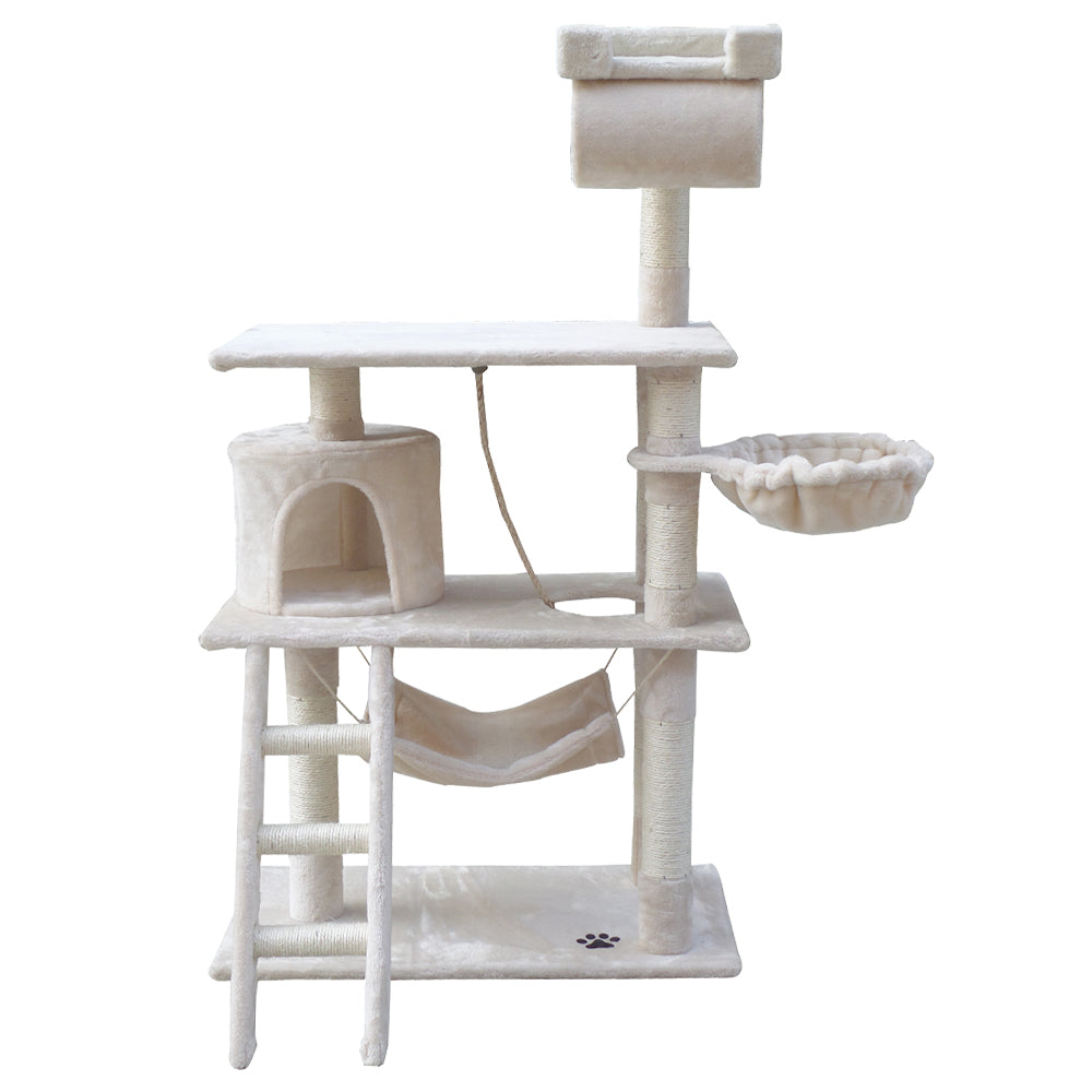 Cat Tree Scratching Post Scratcher Tower Wood Beige 141cms