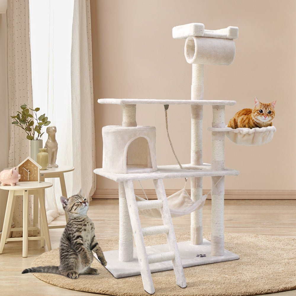 Cat Tree Scratching Post Scratcher Tower Wood Beige 141cms