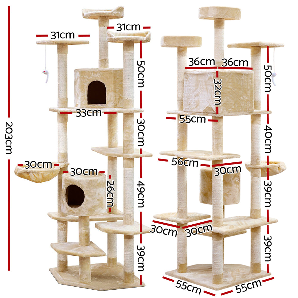 Cat Tree Scratching Post Scratcher Tower Wood Beige 203cms
