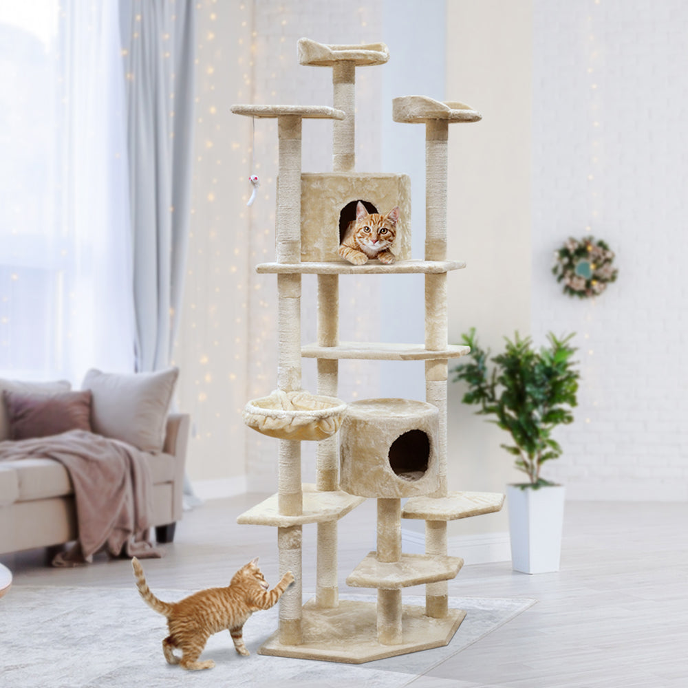 Cat Tree Scratching Post Scratcher Tower Wood Beige 203cms