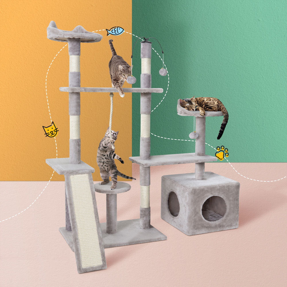 Cat Tree Scratching Post Scratcher Tower House Grey 135cms
