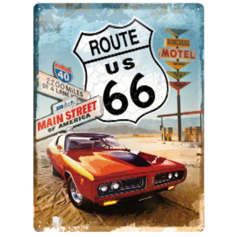 Route 66 Red Car Metal Sign
