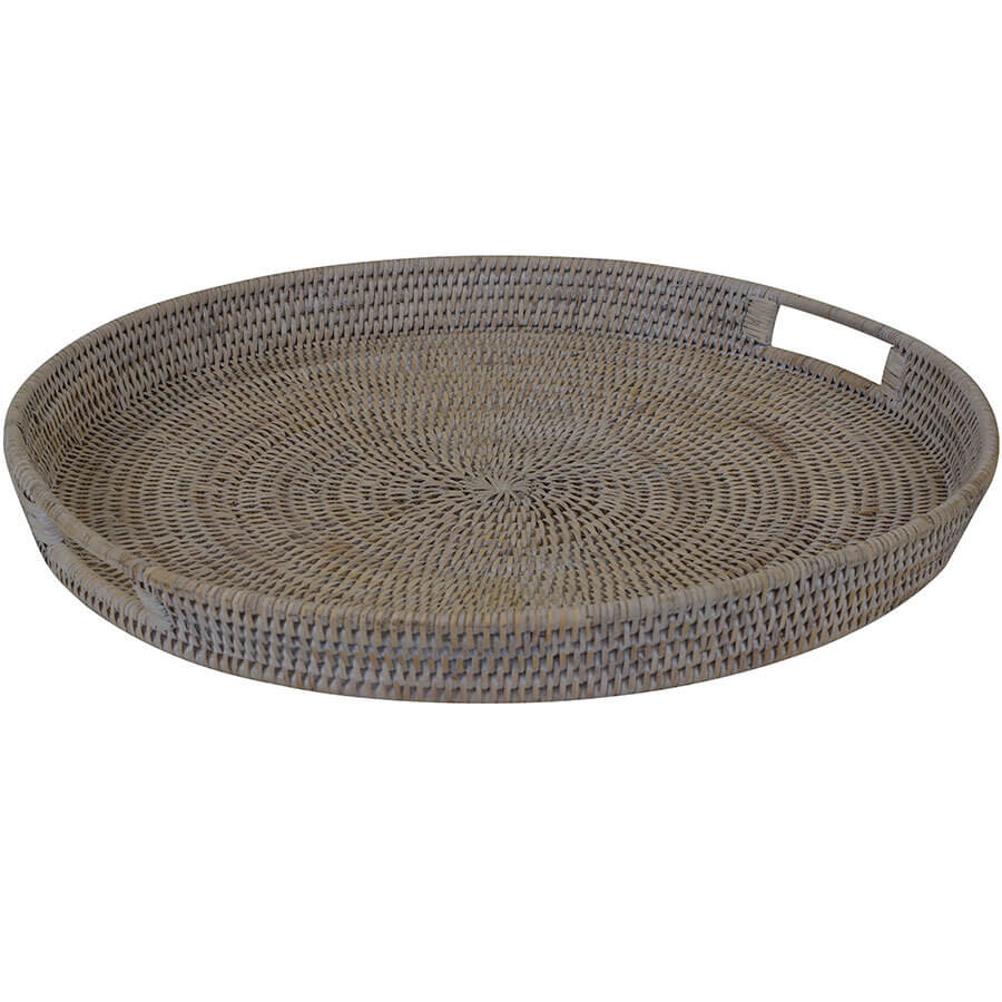 Whitewash Rattan Serving Tray Round (Available in 2 Sizes)
