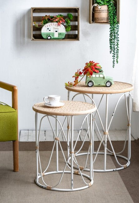 Bamboo Weave Distressed White Side Tables Set of 2