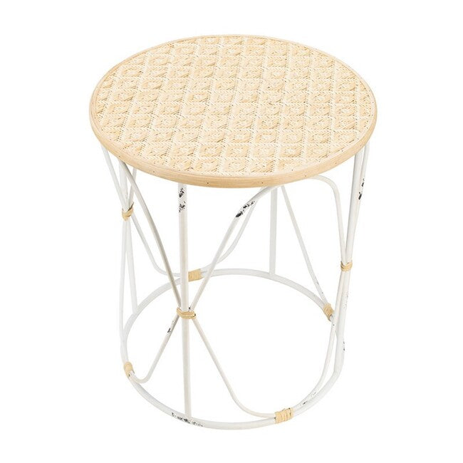 Bamboo Weave Distressed White Side Tables Set of 2