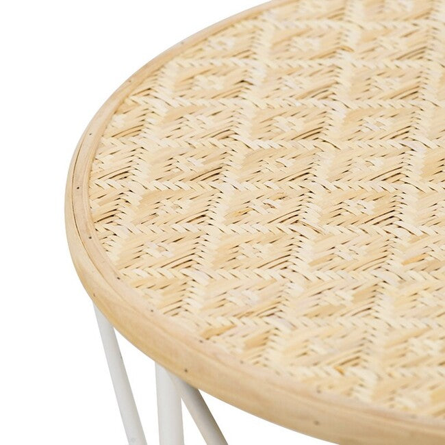 Bamboo Weave Distressed White Side Tables Set of 2