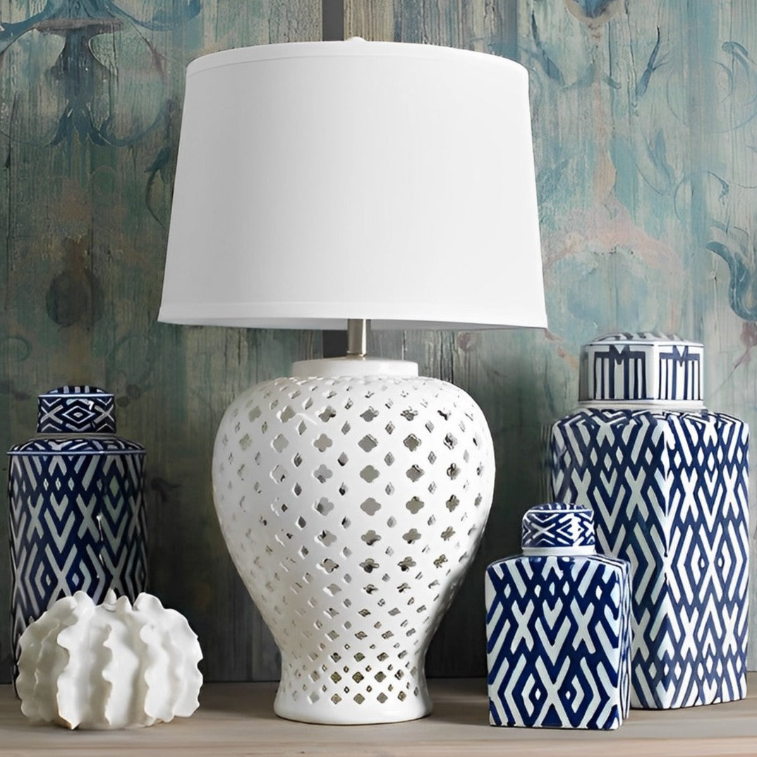 Filigree Ceramic Table Lamp White Base (3 Shade Colours to Choose)
