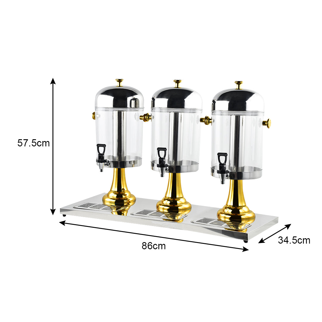 SOGA Triple Head 24L Stainless Steel Dispenser Beverage Transparent Commercial Drink Container Jug with Gold Accents