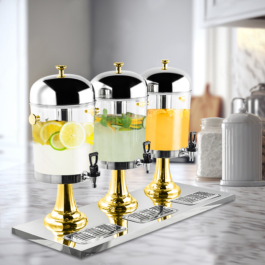 SOGA Triple Head 24L Stainless Steel Dispenser Beverage Transparent Commercial Drink Container Jug with Gold Accents