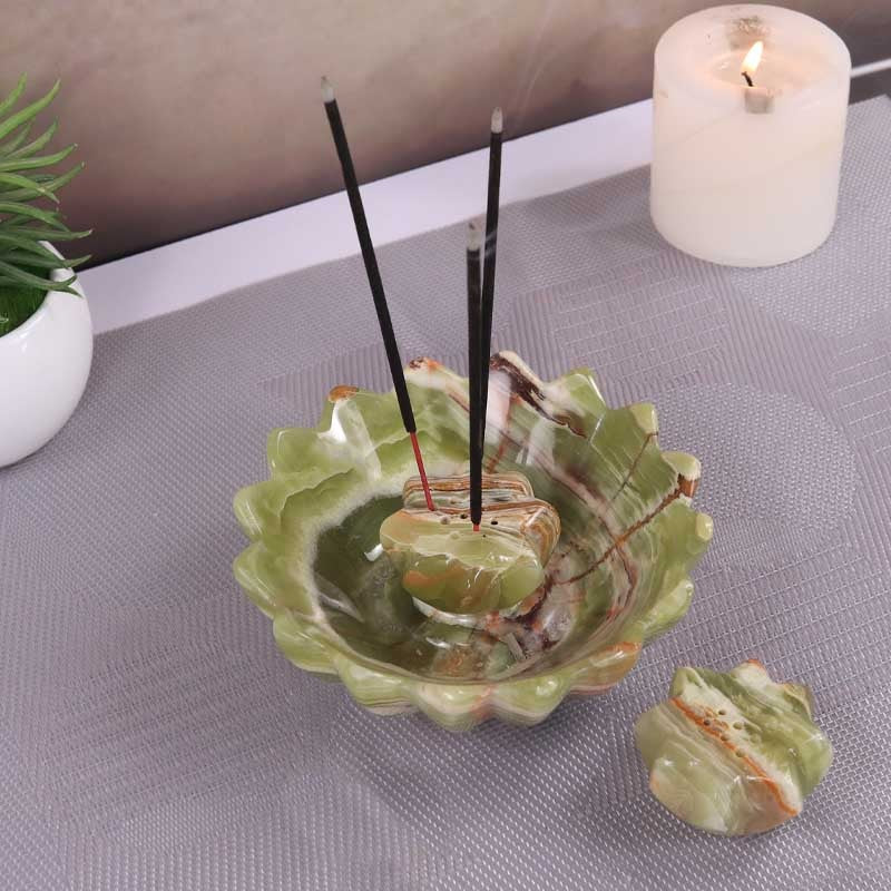 Handmade Marble Lotus Incense Bowl With 2 Holders (Available in 4 Colors)