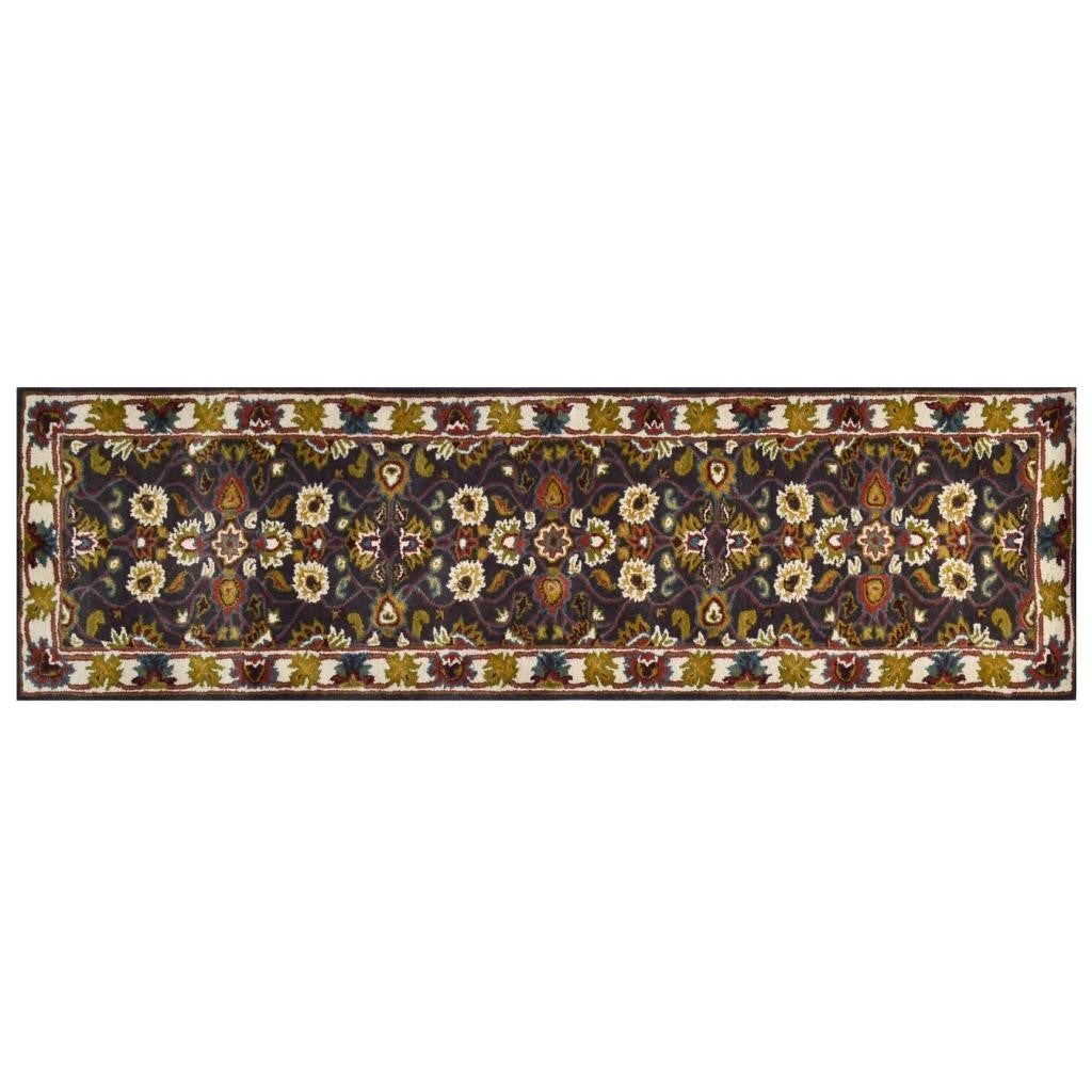 Handmade Grey & Cream Floral Leaves Wool Rug - Floor Runner