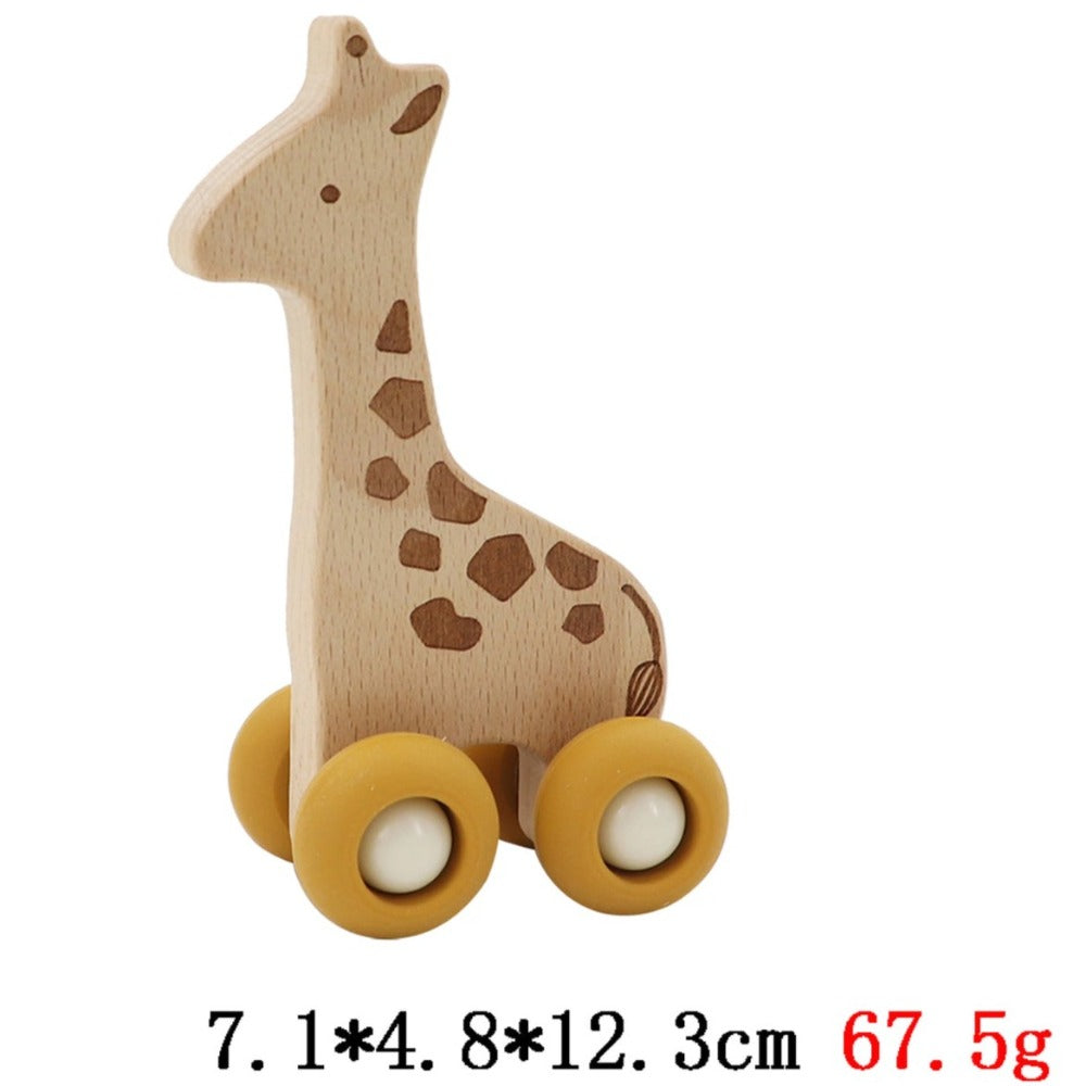 Wooden Animal Pull Toy With Silicone Wheels - Giraffe