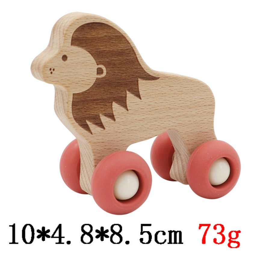 Wooden Animal Pull Toy With Silicone Wheels - Lion