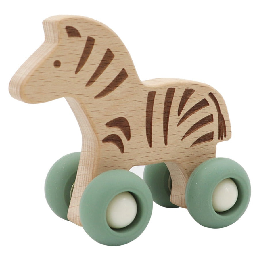Wooden Animal Pull Toy With Silicone Wheels - Zebra