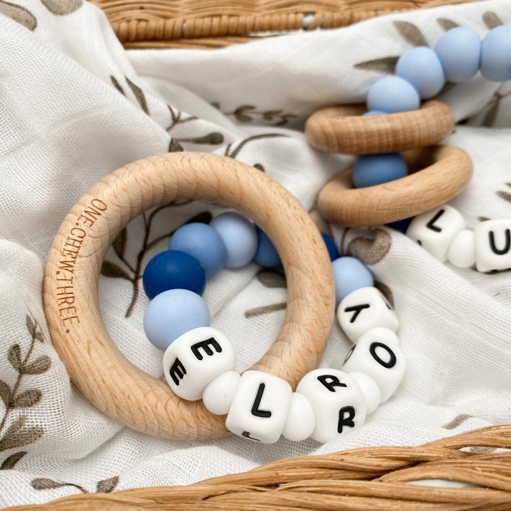 Personalised Wooden Ring Teether W/ Silicone Beads - DUO