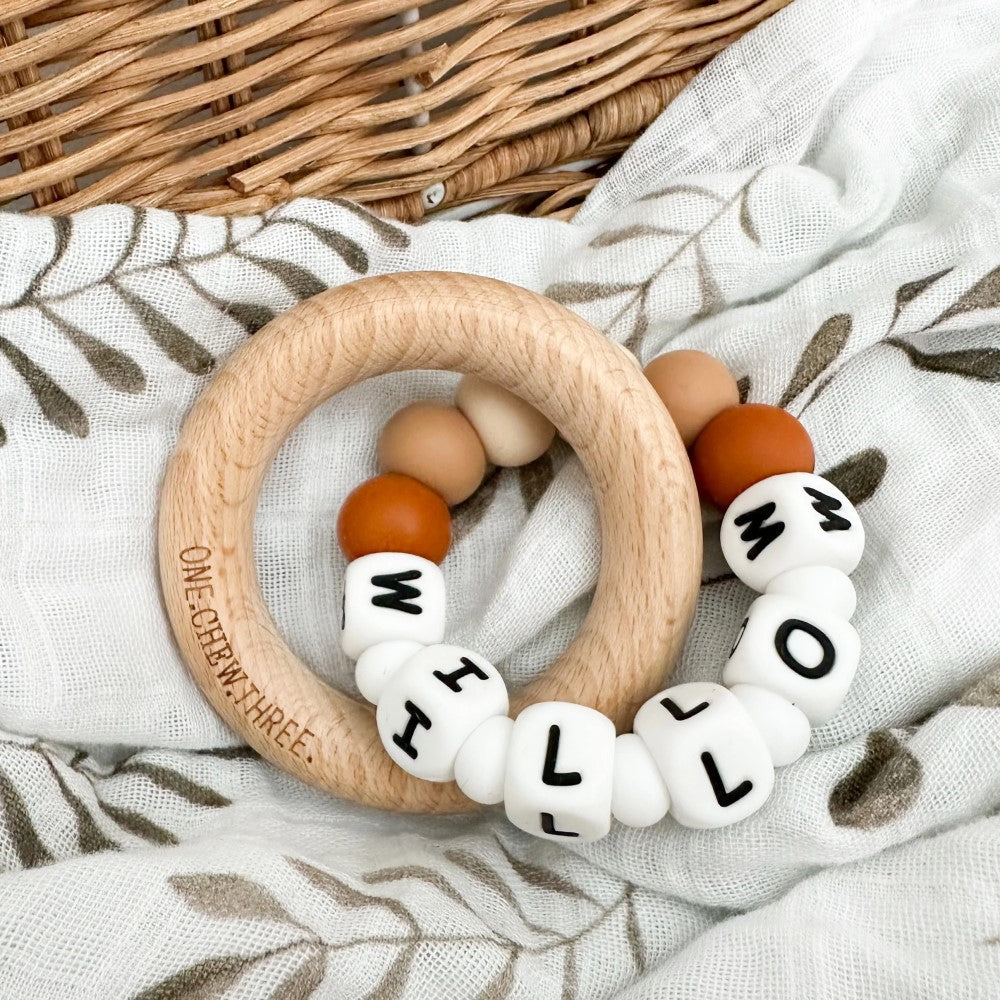 Personalised Wooden Ring Teether W/ Silicone Beads - DUO