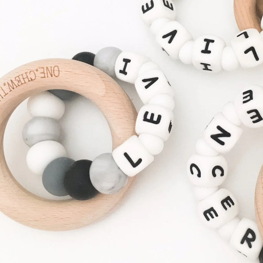 Personalised Wooden Ring Teether W/ Silicone Beads - DUO