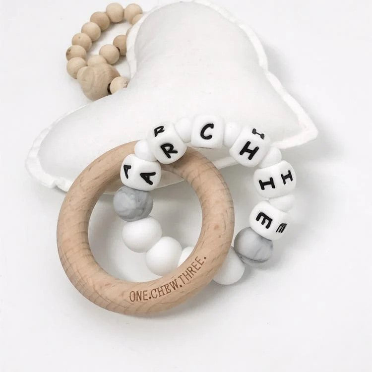 Personalised Wooden Ring Teether W/ Silicone Beads - DUO