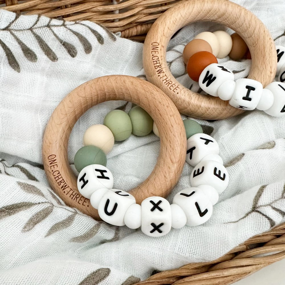Personalised Wooden Ring Teether W/ Silicone Beads - DUO