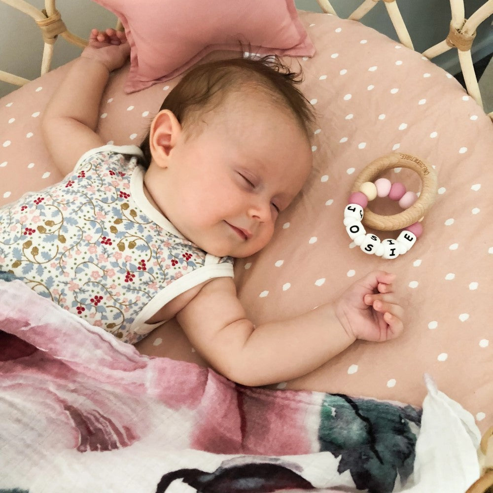 Personalised Wooden Ring Teether W/ Silicone Beads - DUO