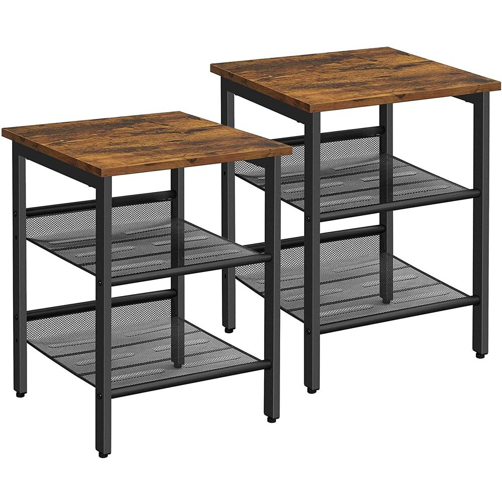 Set of 2 Side Table with 2 Mesh Shelves - Rustic Brown