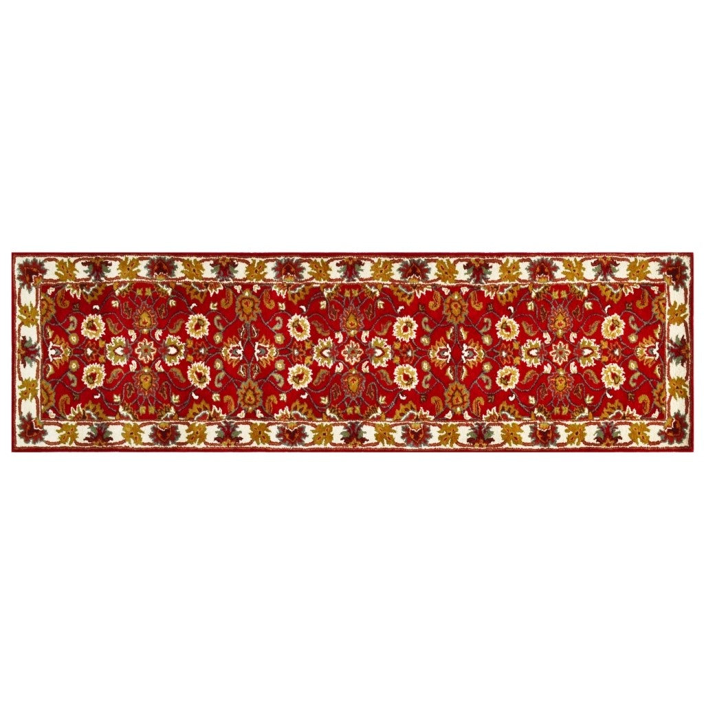 Handmade Red & Cream Floral Leaves Wool Rug - Floor Runner