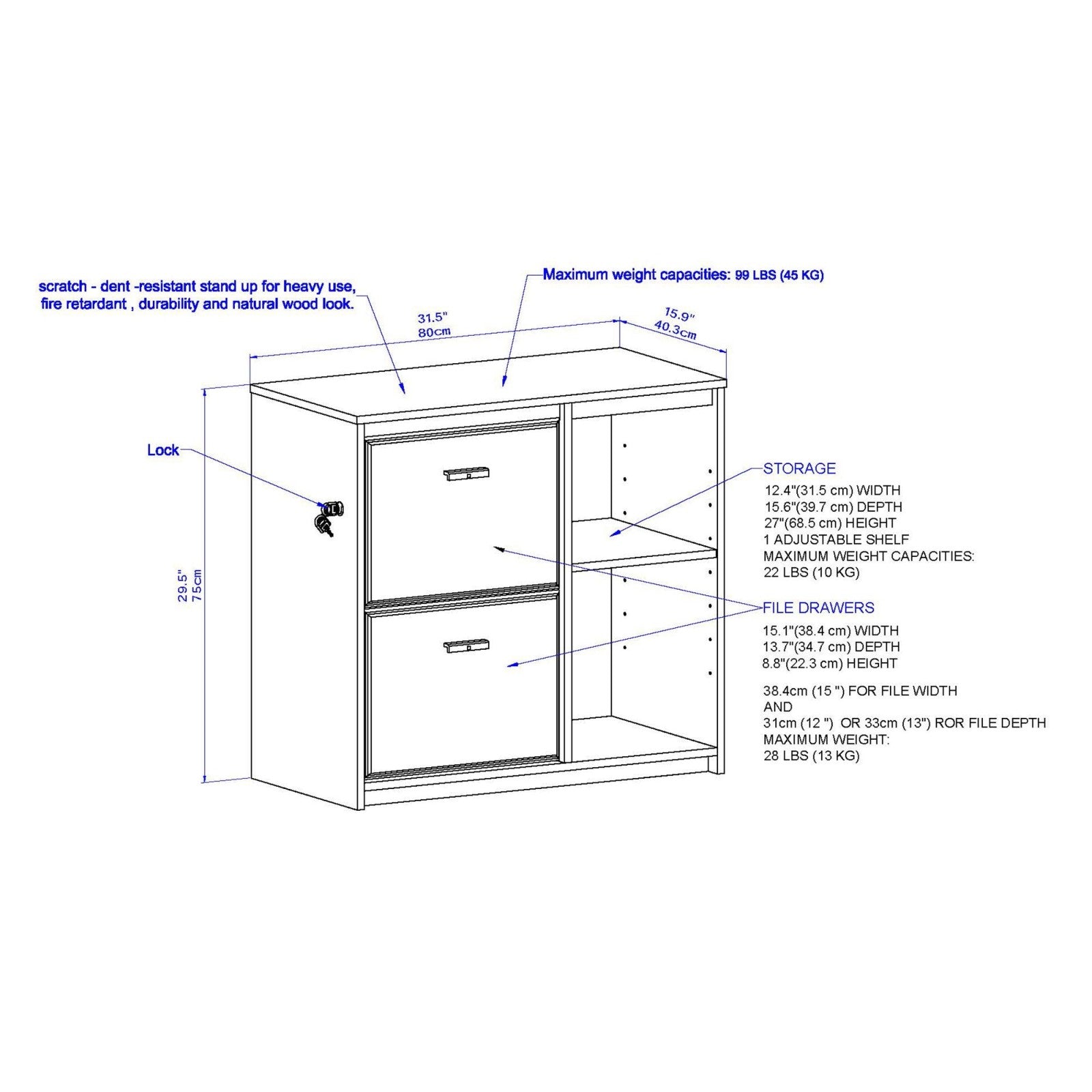 2 Drawers Filing Cabinet Washed Grey