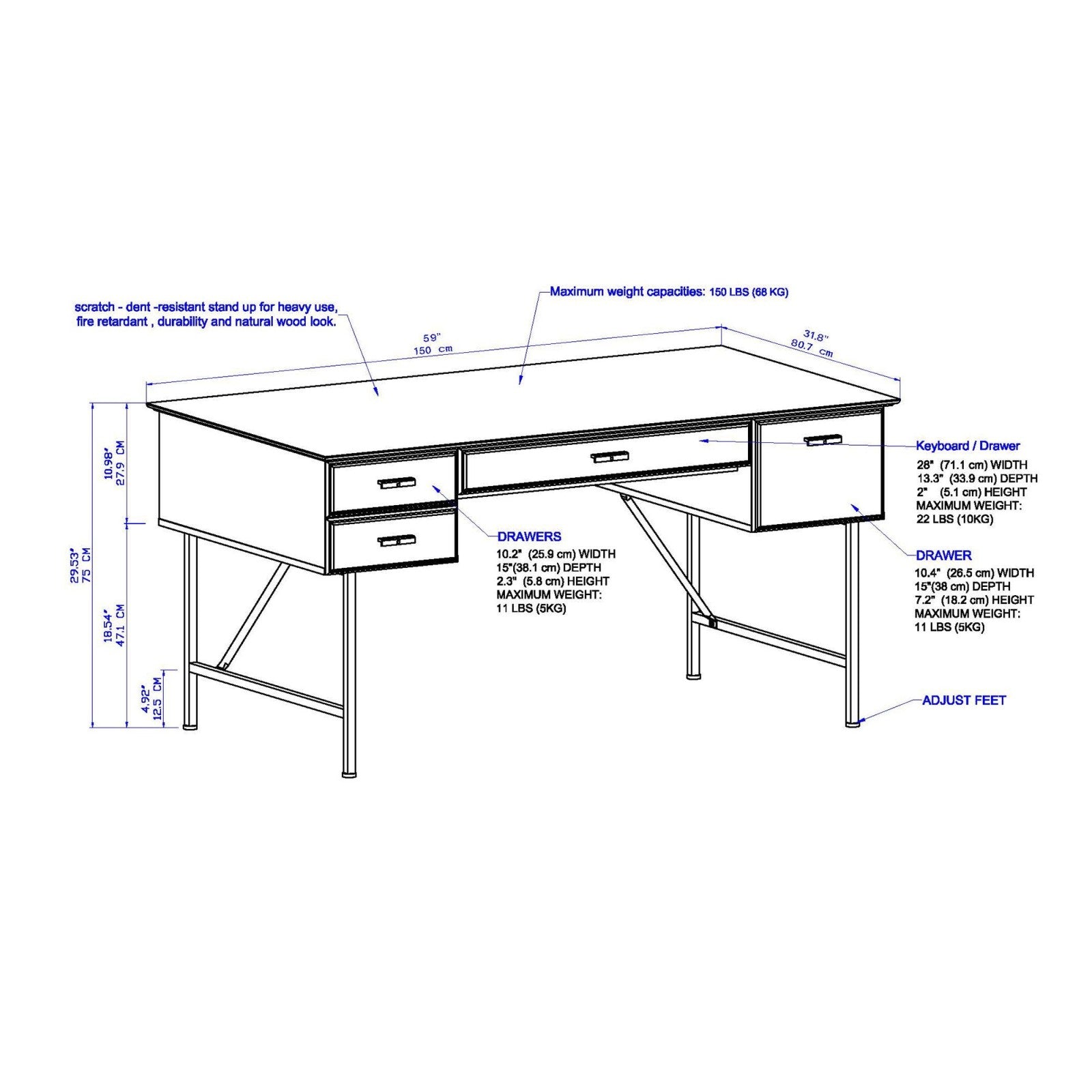 4-Drawer 1.5m Writing Desk in Washed Grey