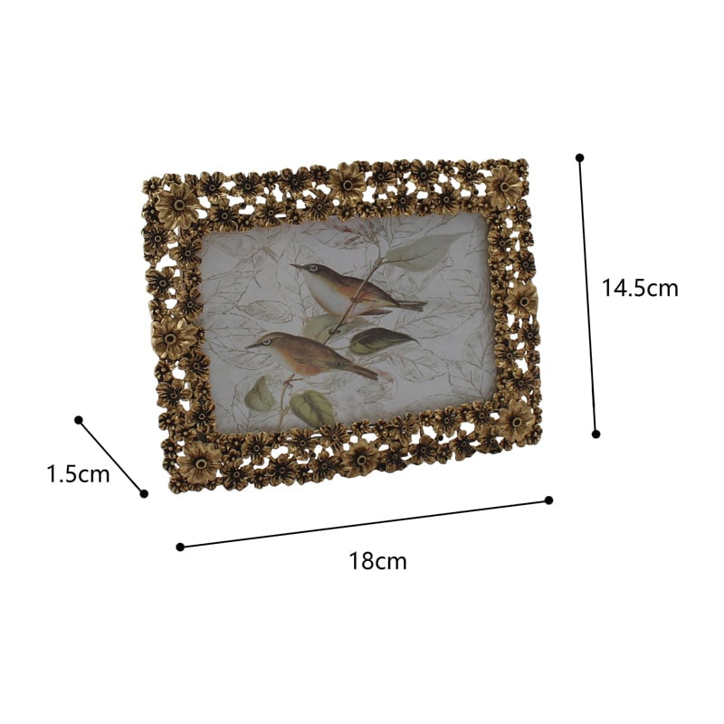 Antique Gold Metal Photo frame with Flowers - 18cms