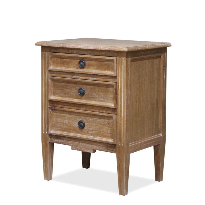 Antique Hamptons Bedside 3 Drawer Cabinet - Weathered Oak