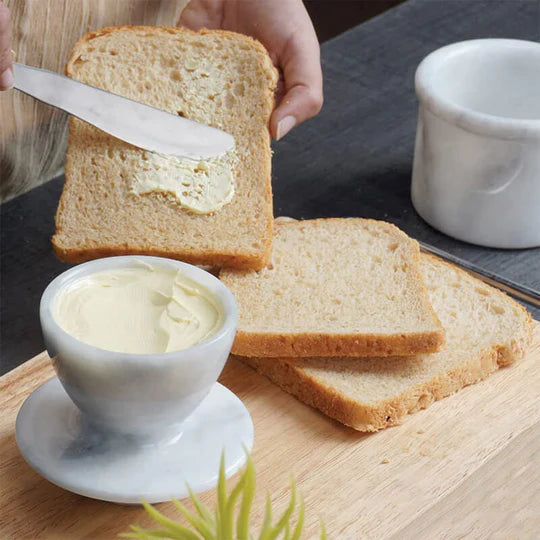 Artisan Marble Butter Crock with Knife - White