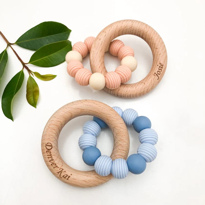 Personalised BEEHIVE Silicone and Beech Wood Teether (Available in 9 Colours)
