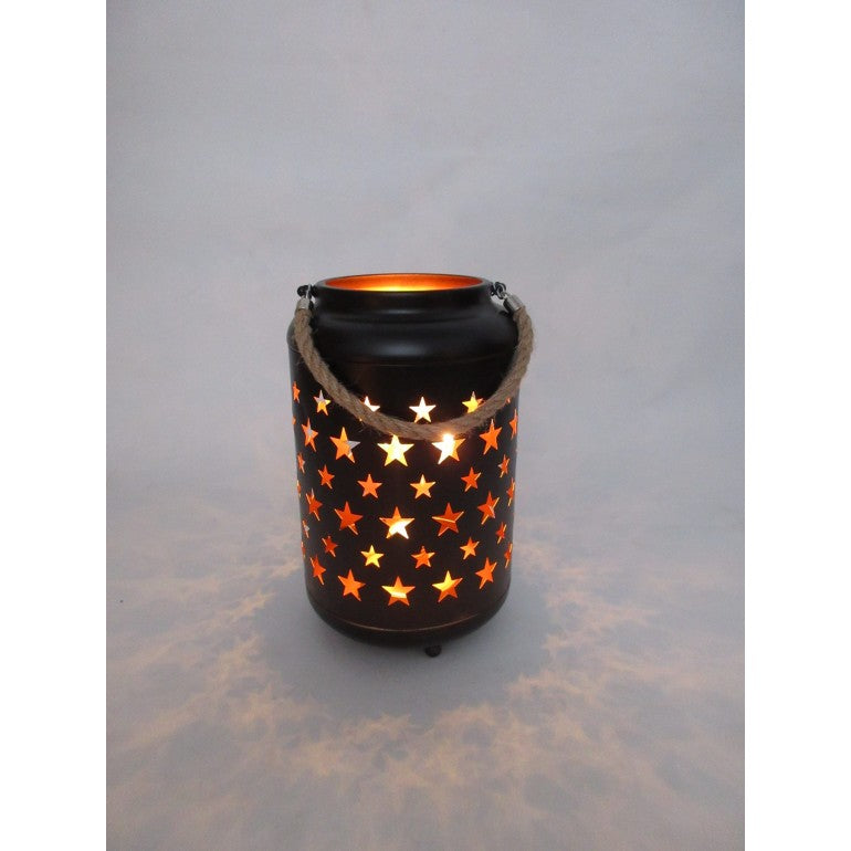 Black Metal LED Lantern with Gold Inside and Rope Handle - Large