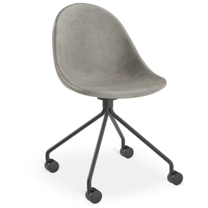 Grey Rustic Leather Seat Metal Base with Castors Dining Chair