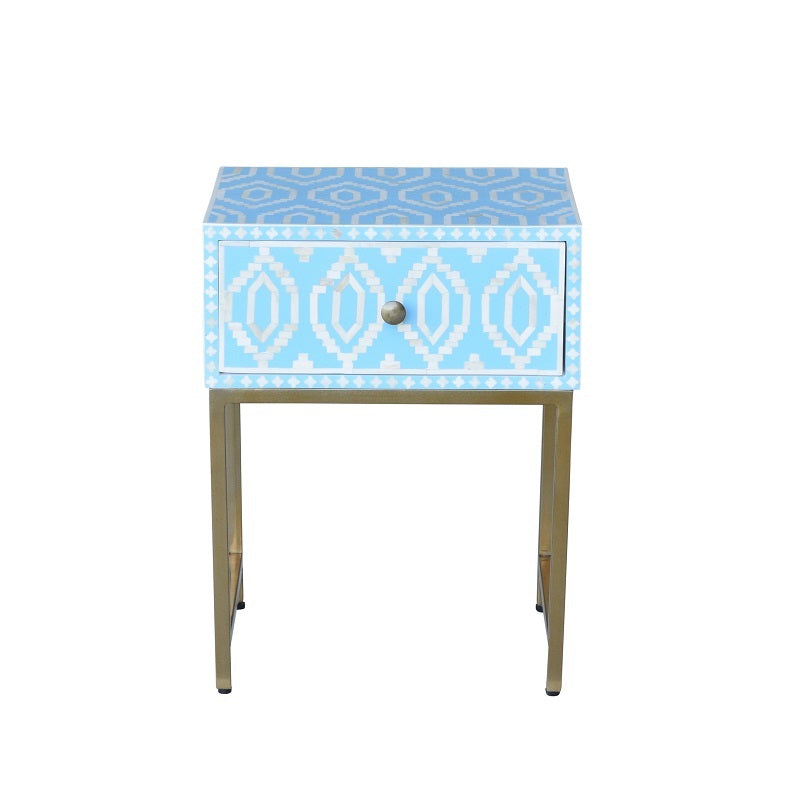 Bone Inlay Side Table With Drawers - Blue